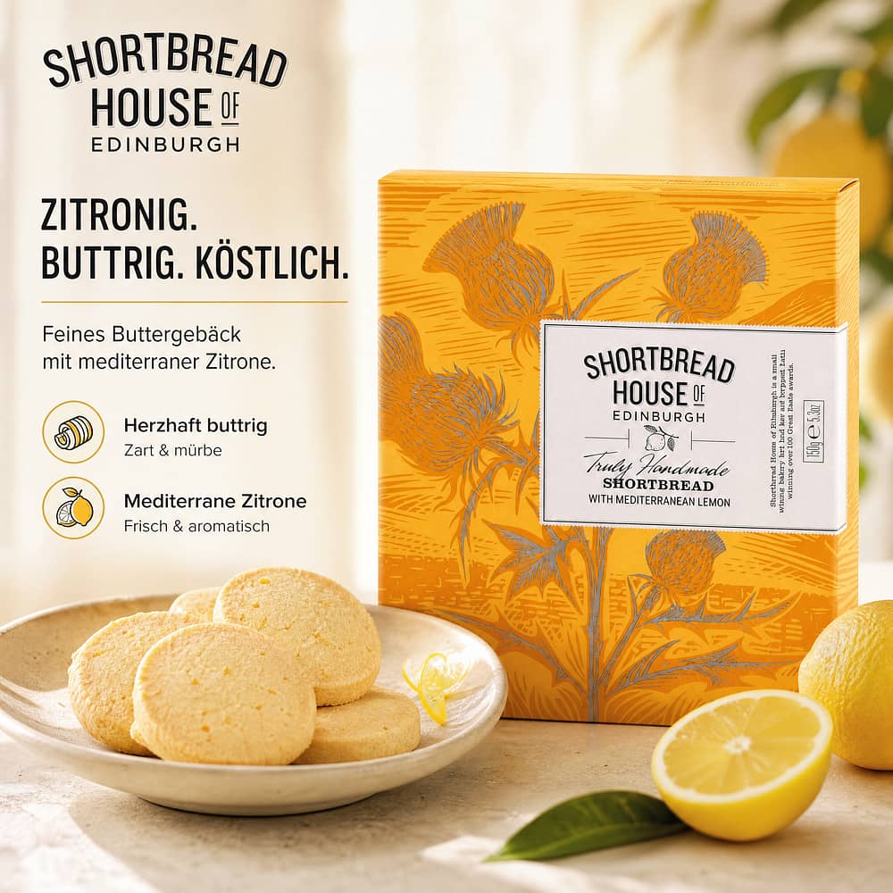 Shortbread House of Edinburgh Shortbread With Mediterranean Lemon Rounds Buttergebäck mit Zitronen 150 Gramm Produktbild