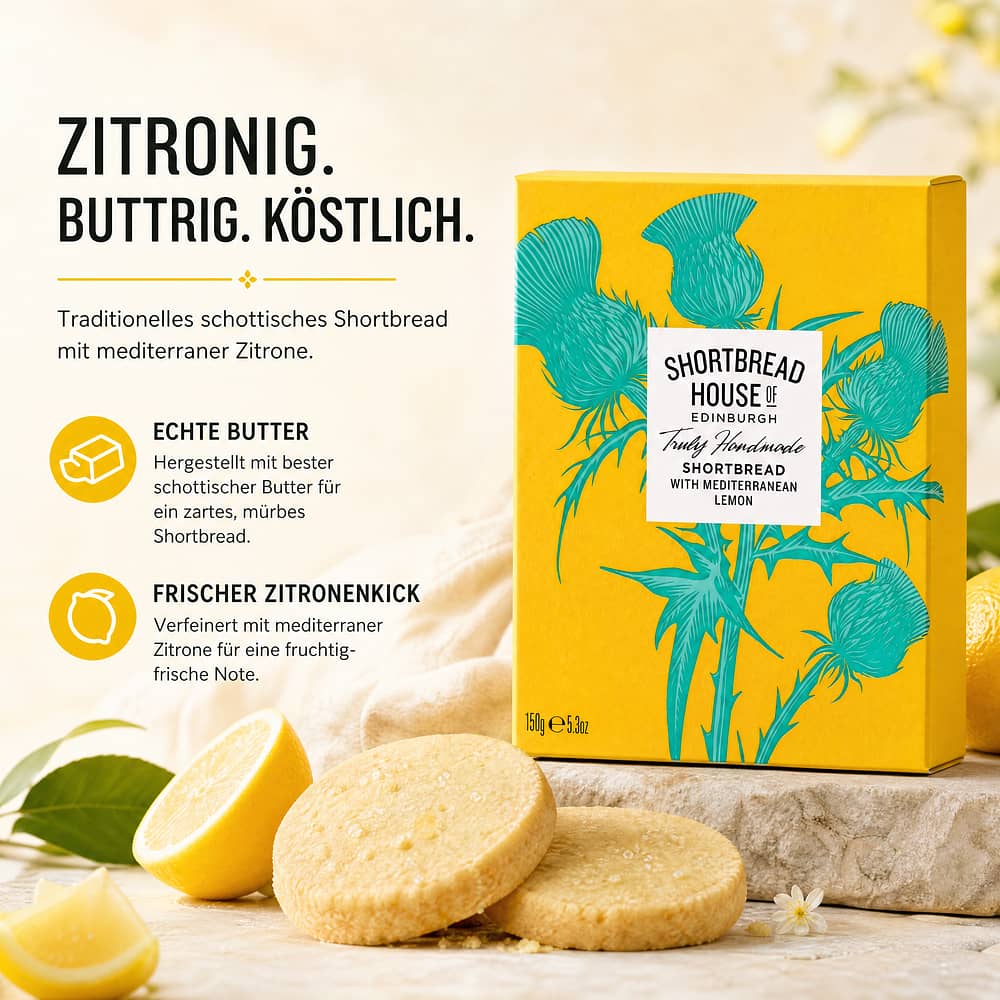 Shortbread House of Edinburgh Shortbread With Mediterranean Lemon Rounds Buttergebäck mit Zitronen 150 Gramm Produktbild