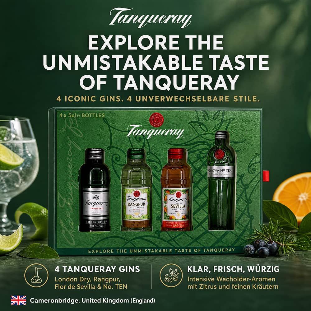 Tanqueray Explore The Unmistakable Taste Of Tanqueray Set beinhaltet 4 Stück je 0,05l 0,20 Liter/ 43.3% vol Produktbild
