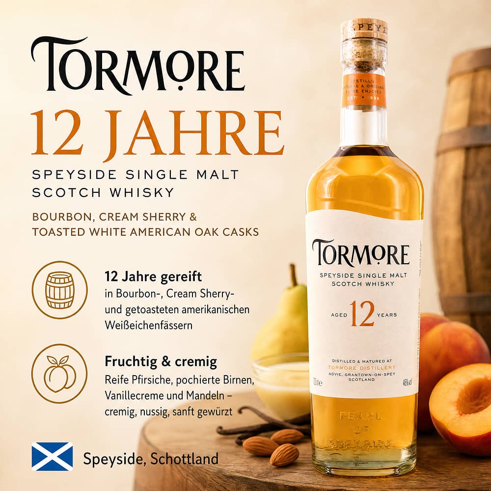 Tormore 12 Jahre Bourbon, Cream Sherry & Toasted White American Oak Casks 0,70 Liter/ 46.0% vol Produktbild