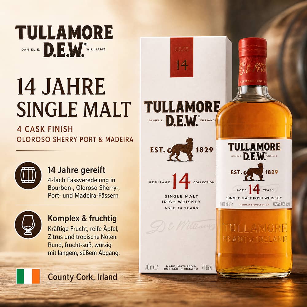 Tullamore Dew 14 Jahre Single Malt 4 Cask Finish Old Bourbon Oloroso Sherry Port & Madeira 0,70 Liter/ 41.3% vol Produktbild