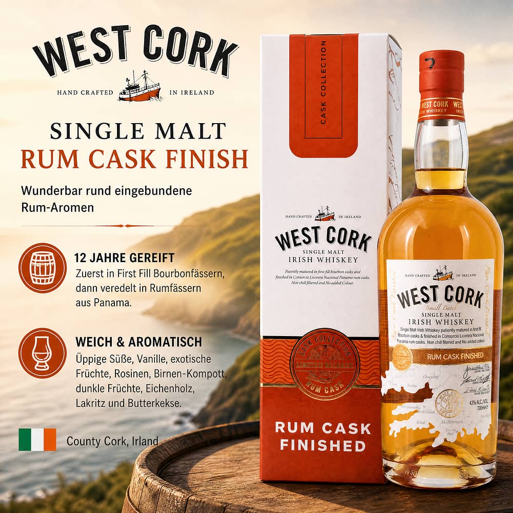 West Cork Single Malt Rum Cask Finish 0,70 Liter/ 43.0% vol Produktbild
