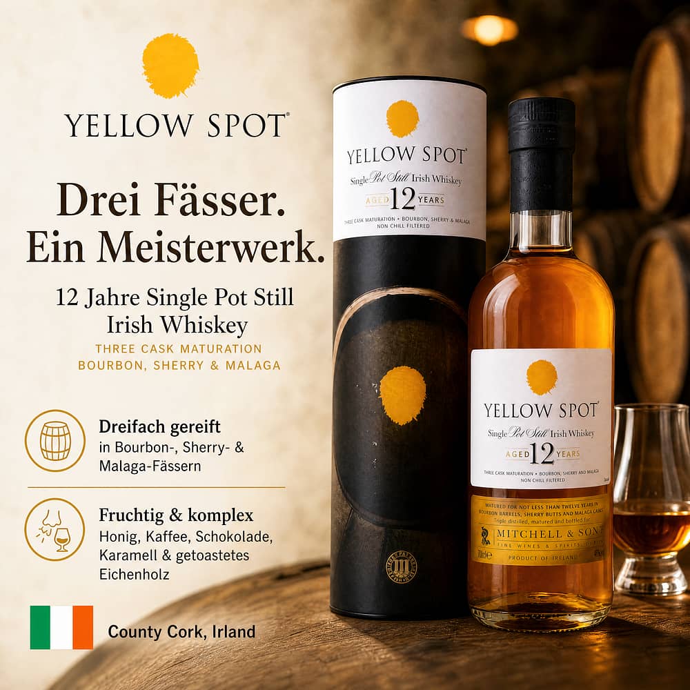 Yellow Spot 12 Jahre Single Pot Still Irish Whiskey Three Cask Maturation Bourbon, Sherry & Malaga 0,70 Liter/ 46.0% vol Produktbild