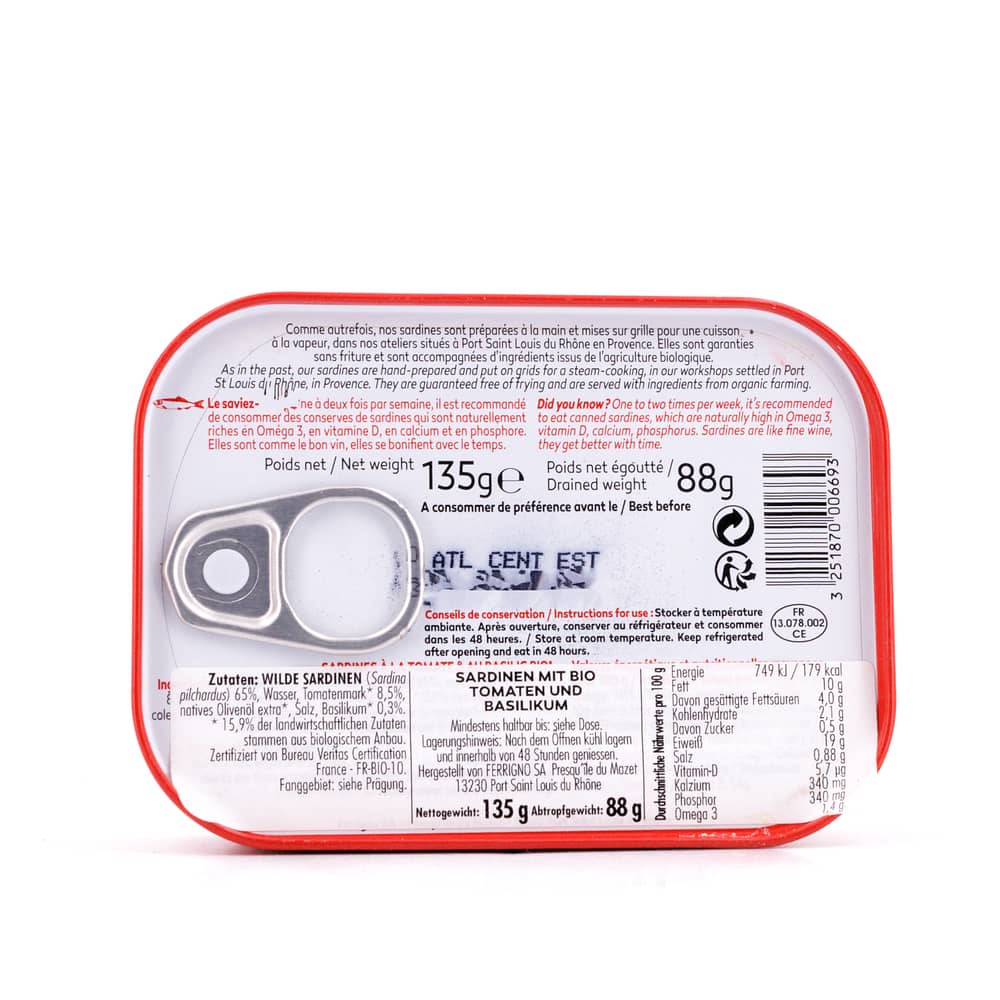 Ferrigno La Bonne Mer Sardinen mit Bio-Tomaten & Basilikum 135g 88 Gramm Abtropfgewicht Produktbild