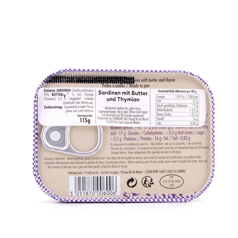 Ferrigno La Bonne Mer Sardinen mit Butter und Thymian (zum Braten) 115g 115 Gramm Produktbild