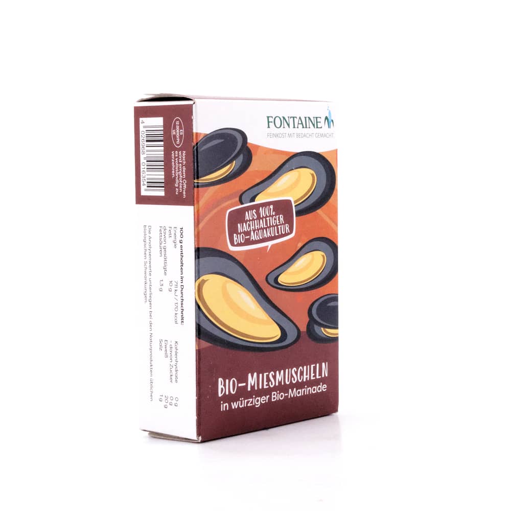Fontaine Bio-Miesmuscheln in würziger Bio-Marinade 120g 80 Gramm Abtropfgewicht Produktbild