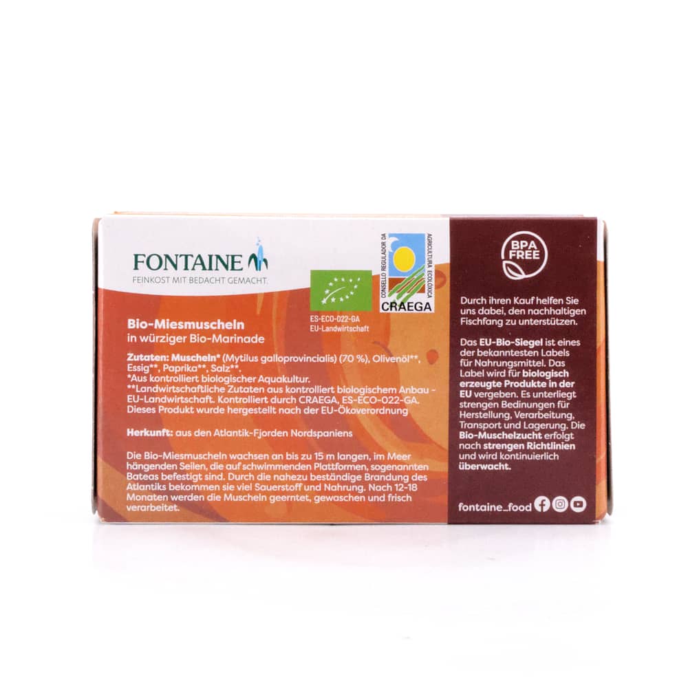 Fontaine Bio-Miesmuscheln in würziger Bio-Marinade 120g 80 Gramm Abtropfgewicht Produktbild