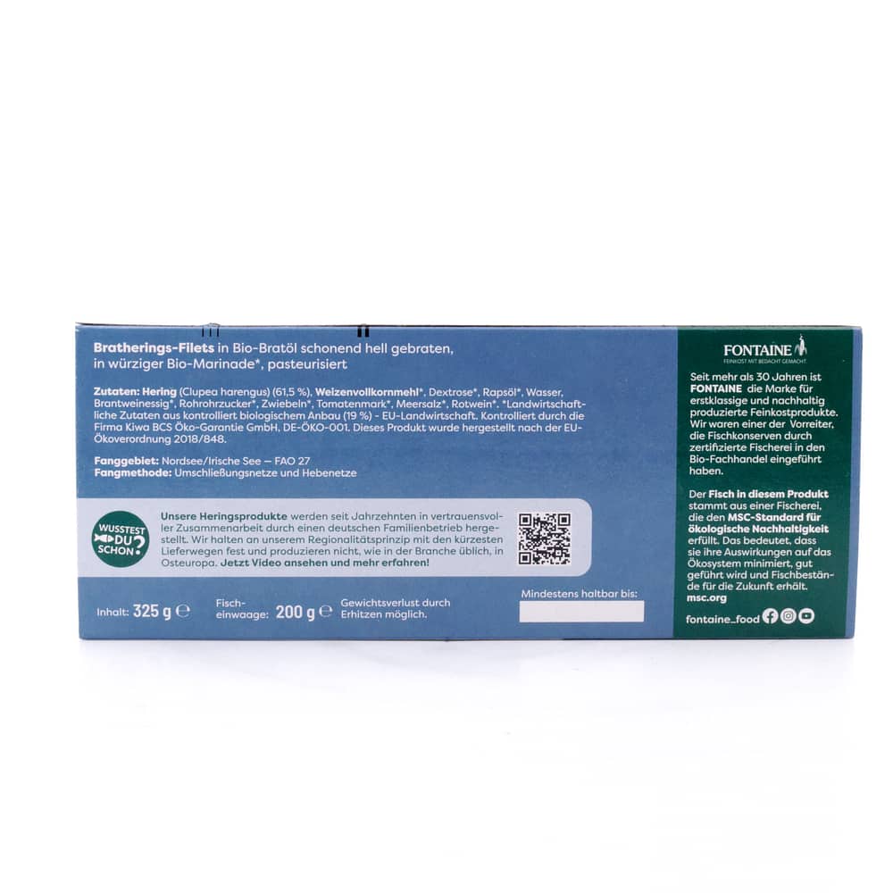 Fontaine Bratheringsfilets in würziger Bio-Marinade, pasteurisiert 325g 200 Gramm Abtropfgewicht Produktbild