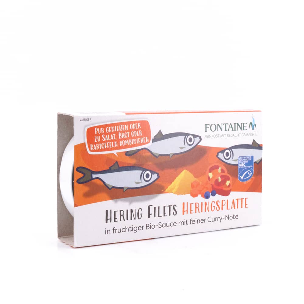 Fontaine Hering Filets Heringsplatte in fruchtiger Bio-Sauce mit feiner Curry-Note 200g 110 Gramm Abtropfgewicht Produktbild