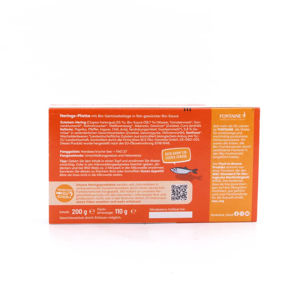 Fontaine Hering Filets Heringsplatte in fruchtiger Bio-Sauce mit feiner Curry-Note 200g 110 Gramm Abtropfgewicht Produktbild