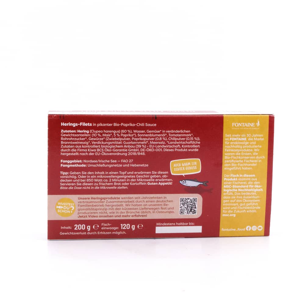 Fontaine Hering Filets  Paprika Chili in leicht pikanter Bio-Paprika-Chili-Sauce 200g 120 Gramm Abtropfgewicht Produktbild