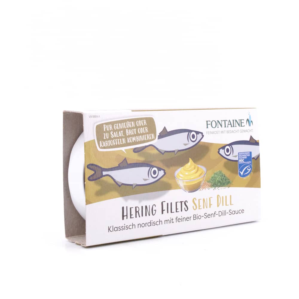 Fontaine Hering Filets Senf Dill mit feiner Bio-Senf-Dill-Sauce 200g Dose 120 Gramm Abtropfgewicht Produktbild
