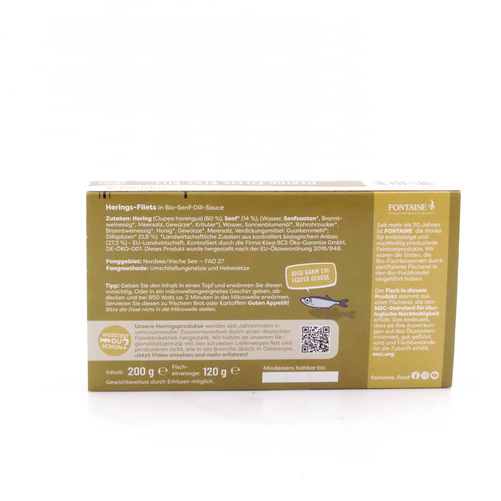 Fontaine Hering Filets Senf Dill mit feiner Bio-Senf-Dill-Sauce 200g Dose 120 Gramm Abtropfgewicht Produktbild