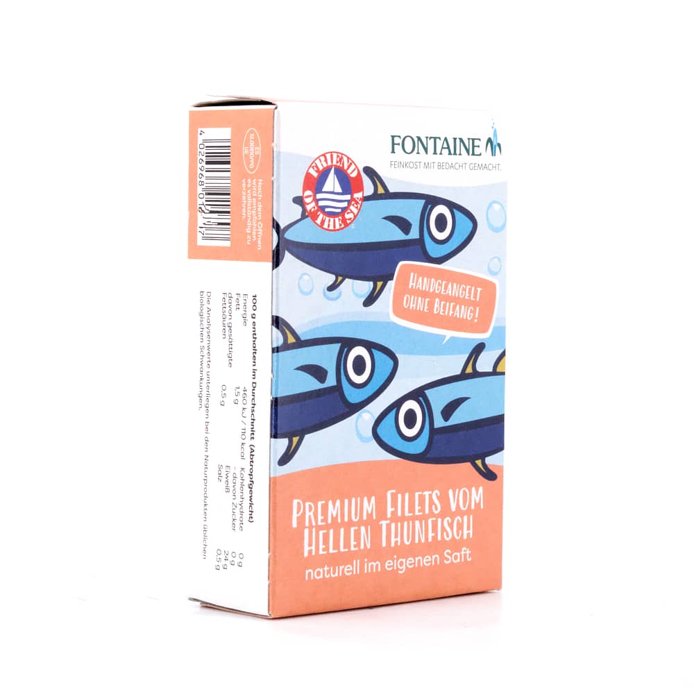 Fontaine Premium Filets vom Hellen Thunfisch naturell im eigenen Saft 120g 85 Gramm Abtropfgewicht Produktbild