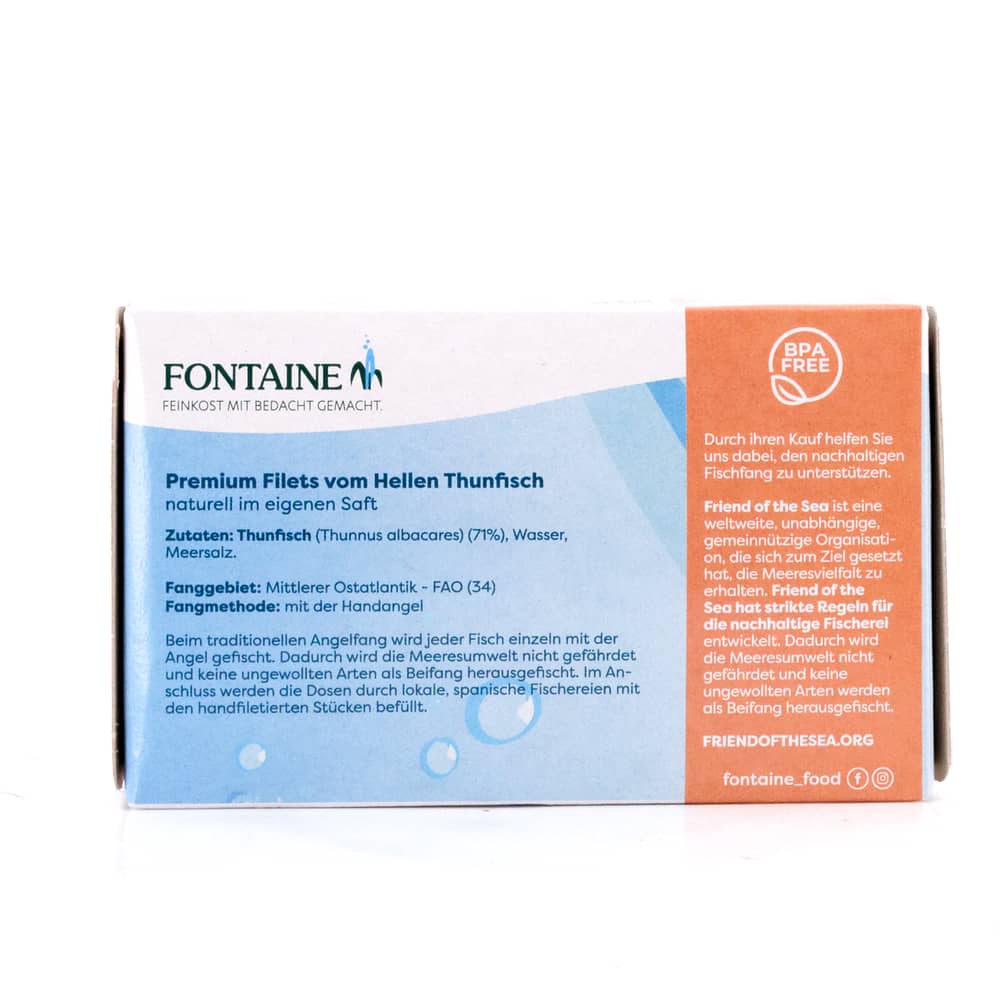 Fontaine Premium Filets vom Hellen Thunfisch naturell im eigenen Saft 120g 85 Gramm Abtropfgewicht Produktbild