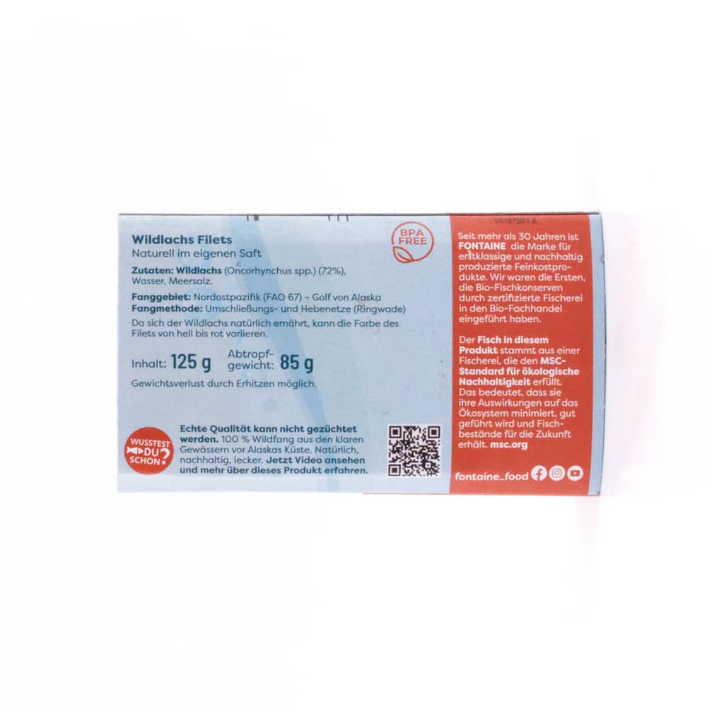 Fontaine Wildlachsfilet naturell 125g 85 Gramm Abtropfgewicht Produktbild