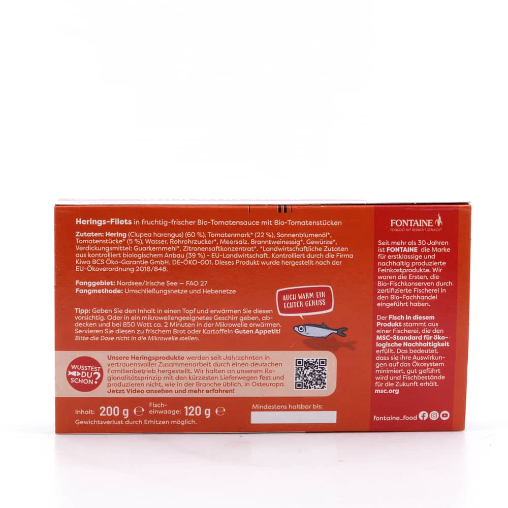 Fontaine Zartes Heringsfilet in BIO Tomatencreme 200g 200 Gramm Produktbild