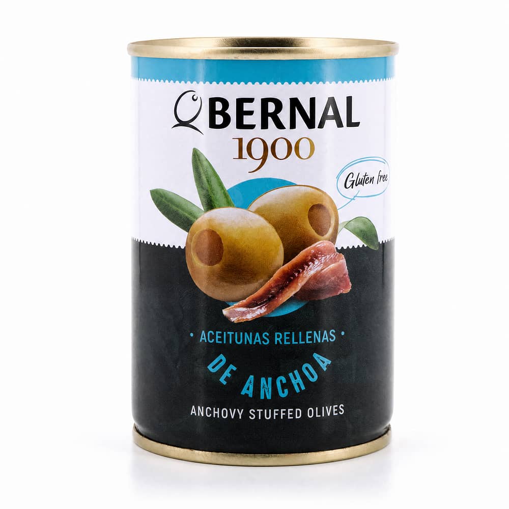 Bernal Grüne Oliven gefüllt mit Anchovispaste 292g Dose 120 Gramm Abtropfgewicht Produktbild