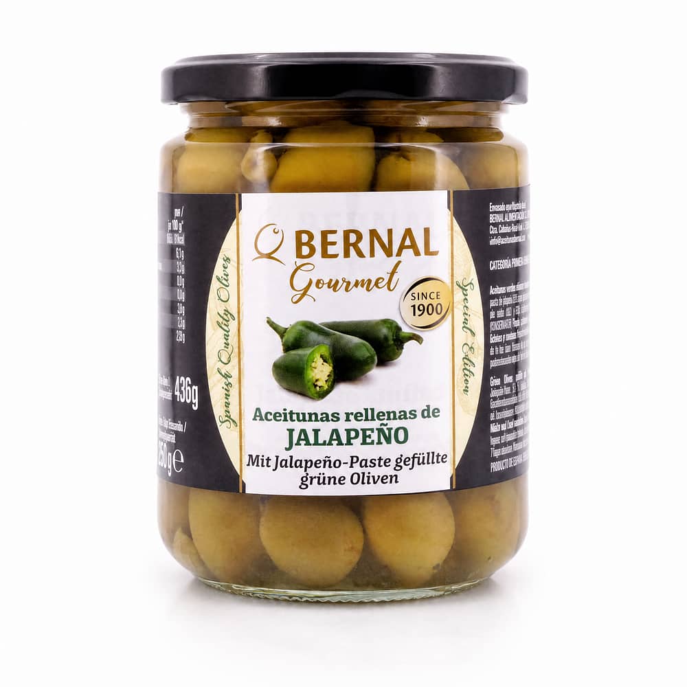Bernal Grüne Oliven gefüllt mit Jalapenopaste 436g Glas
