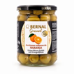 Bernal Grüne Oliven gefüllt mit Orangenpaste 436g Glas Produktbild