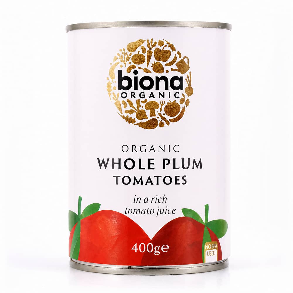Biona Organic Whole Plum Tomatoes Pflaumentomaten im Ganzen in reichhaltigen Tomatensaft 400 Gramm Produktbild