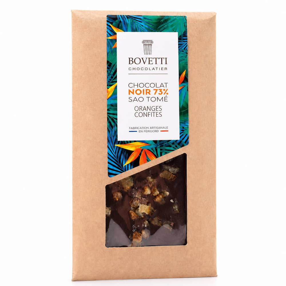 BOVETTI Chocolat Sao Tomé 73% Oranges Confites Zartbitterschokolade mit kandierten Orangen