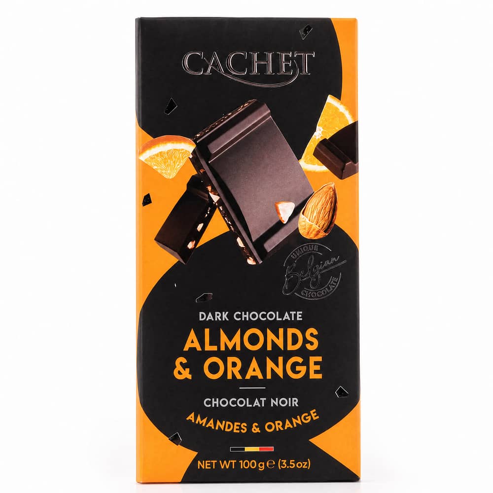 Cachet Dark Chocolate Almonds & Orange Zartbitterschokolade mit Mandelstücke und kandierten Orangenzesten