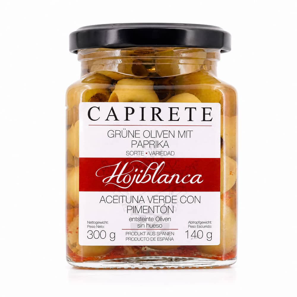 Capirete Hojiblanca grüne Oliven mit Paprika 300g