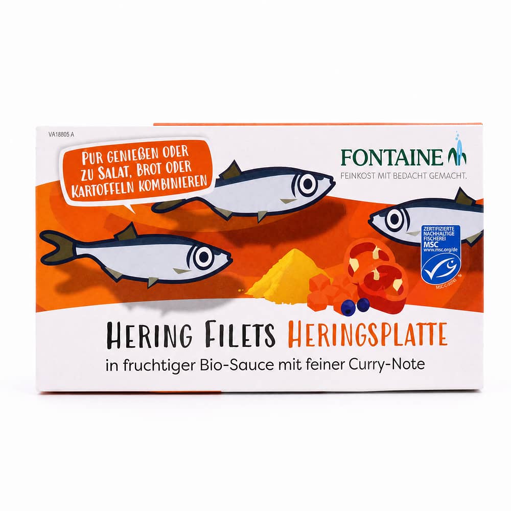 Fontaine Hering Filets Heringsplatte in fruchtiger Bio-Sauce mit feiner Curry-Note 200g