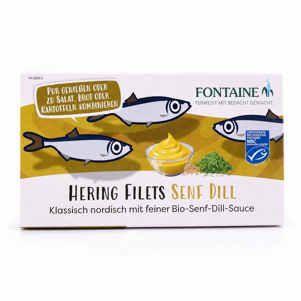 Fontaine Hering Filets Senf Dill mit feiner Bio-Senf-Dill-Sauce 200g Dose