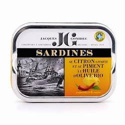 Jacques Gonidec Pikante Sardinen in Olivenöl mit kandierter Bio-Zitrone und -Piment 115g Produktbild