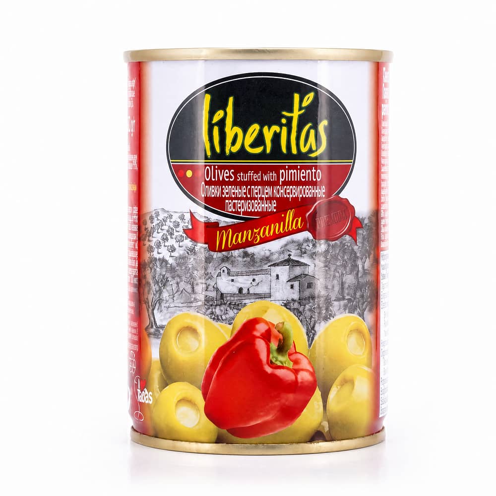 Liberitas Grüne Oliven gefüllt mit rotem Paprika 280g 100 Gramm Abtropfgewicht Produktbild