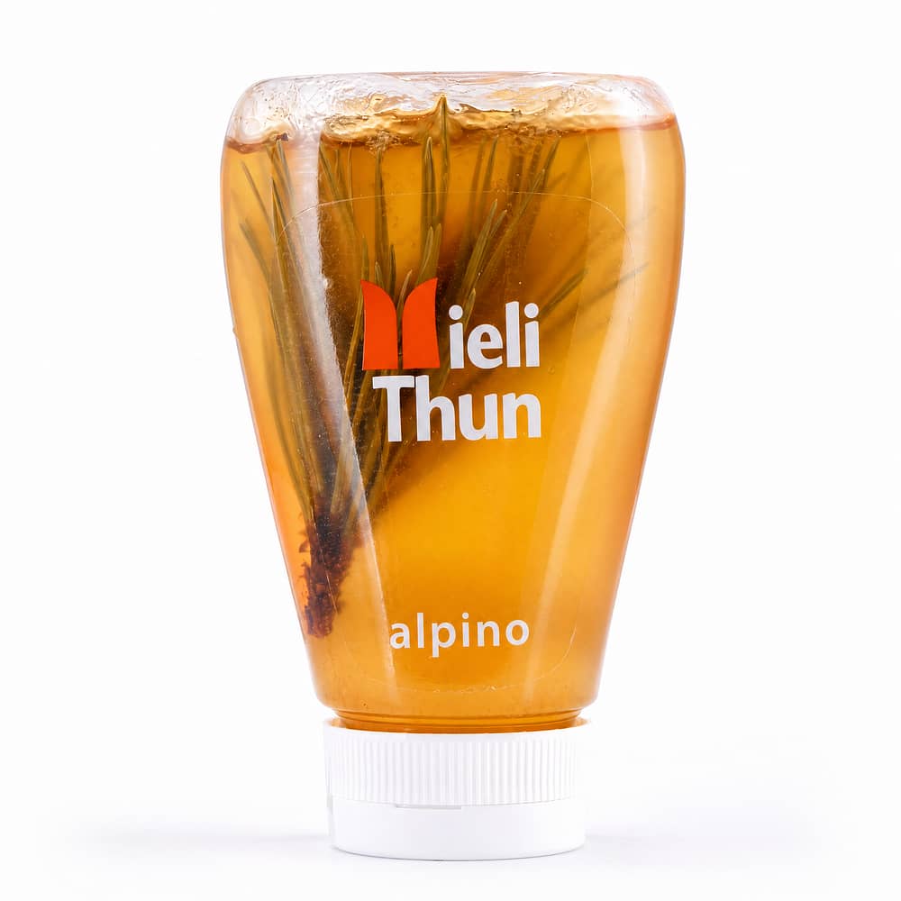 Mieli Thun Alpino Melange aus Akazienhonig und Latschenkieferöl mit Kieferknospe in Spenderflasche 240 Gramm Produktbild