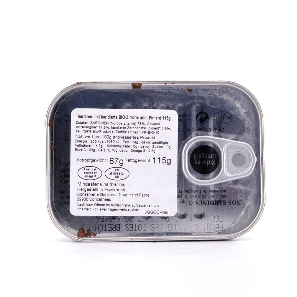 Jacques Gonidec Pikante Sardinen in Olivenöl mit kandierter Bio-Zitrone und -Piment 115g 87 Gramm Abtropfgewicht Produktbild