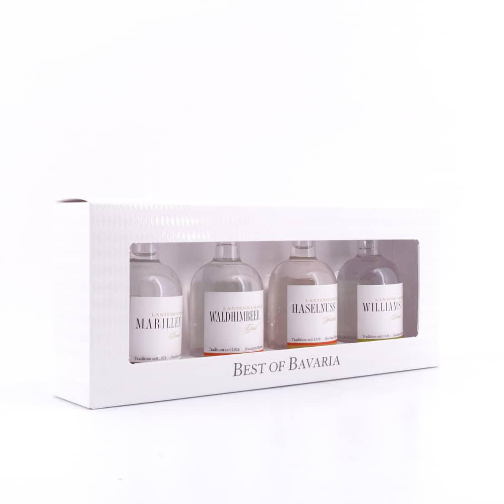Lantenhammer Best of Bavaria Edelbrände Miniatur-Set je 0,050l Willamsbrine; Haselnuss; Waldhimbeer & Marille 0,20 Liter/ 42.0% vol Produktbild