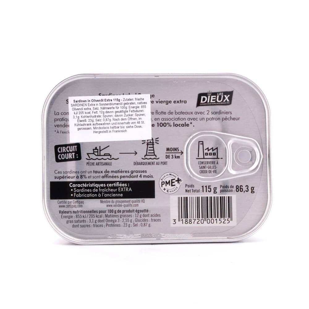 Le Trésor des Dieux Sardinen in Olivenöl Extra Label Rouge 115g 86,30 Gramm Abtropfgewicht Produktbild