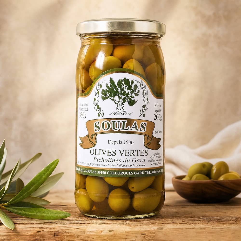 Beauharnais-CARLANT Olives vertes Soulas Picholines du Gard Grüne Oliven 350g 200 Gramm Abtropfgewicht Produktbild