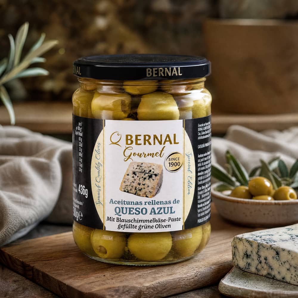 Bernal Grüne Oliven gefüllt mit Blauschimmelkäsepaste 436g Glas 250 Abtropfgewicht Produktbild