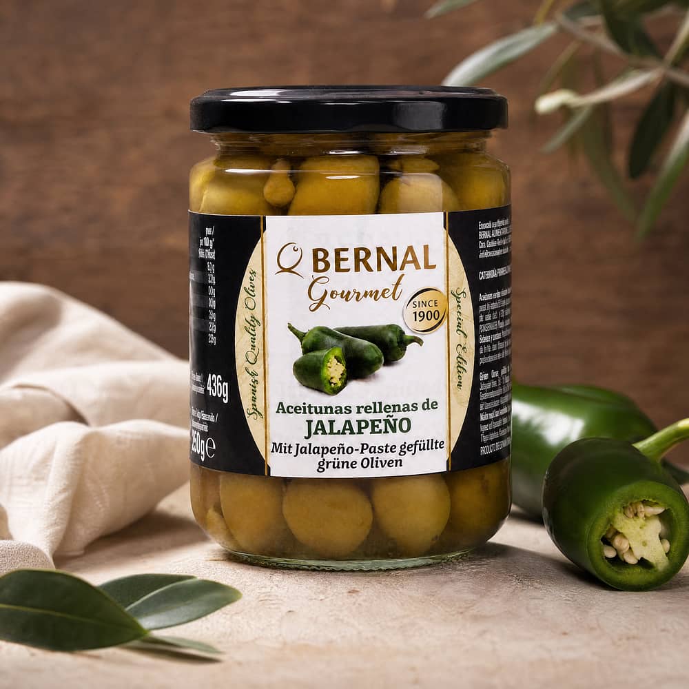 Bernal Grüne Oliven gefüllt mit Jalapenopaste 436g Glas 250 Gramm Abtropfgewicht Produktbild