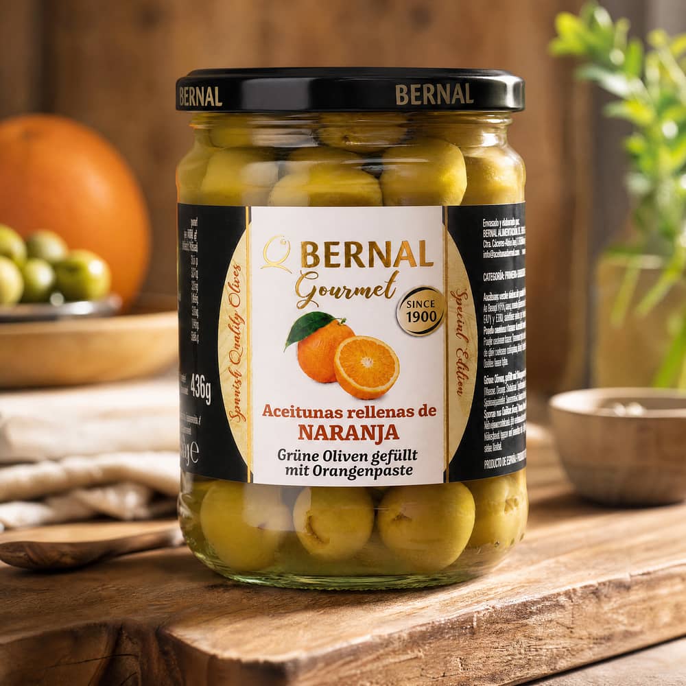 Bernal Grüne Oliven gefüllt mit Orangenpaste 436g Glas 250 Gramm Abtropfgewicht Produktbild
