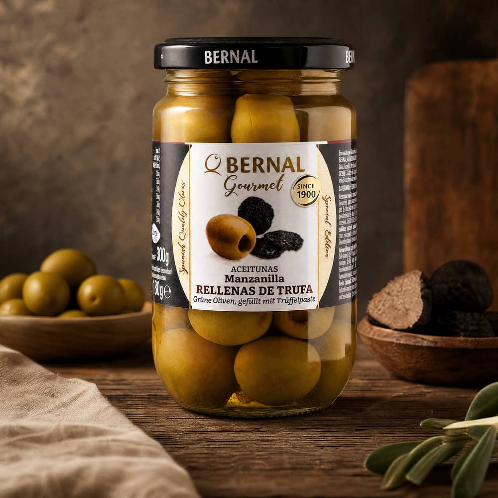 Bernal Grüne Oliven gefüllt mit Trüffelpaste 300g Glas 180 Gramm Abtropfgewicht Produktbild
