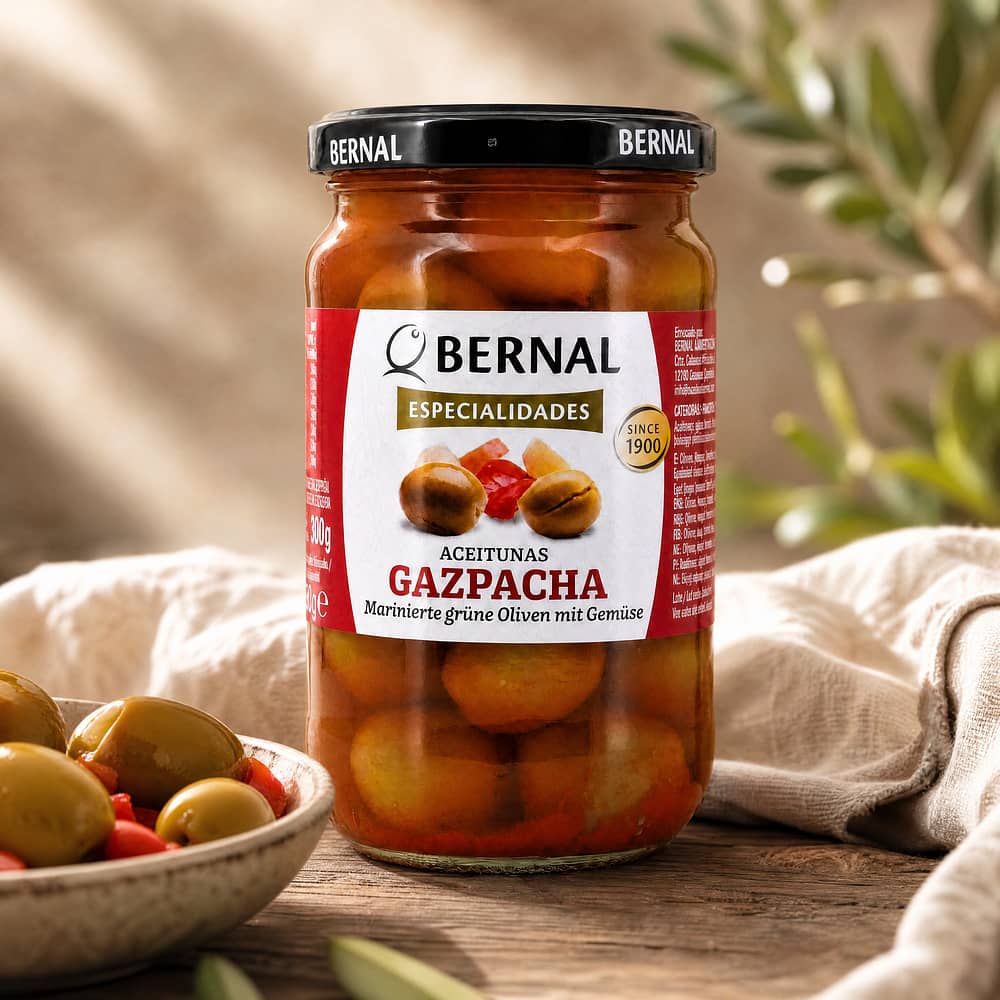 Bernal Grüne Oliven mariniert Gazpacha 300g Glas 180 Gramm Abtropfgewicht Produktbild