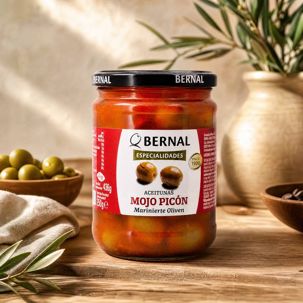 Bernal Grüne Oliven mariniert - Mojo-Picon 436g Glas 250 Gramm Abtropfgewicht Produktbild