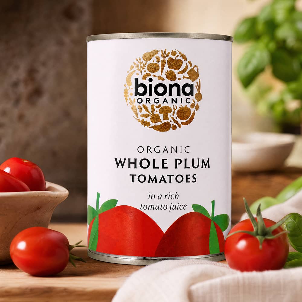 Biona Organic Whole Plum Tomatoes Pflaumentomaten im Ganzen in reichhaltigen Tomatensaft 400 Gramm Produktbild