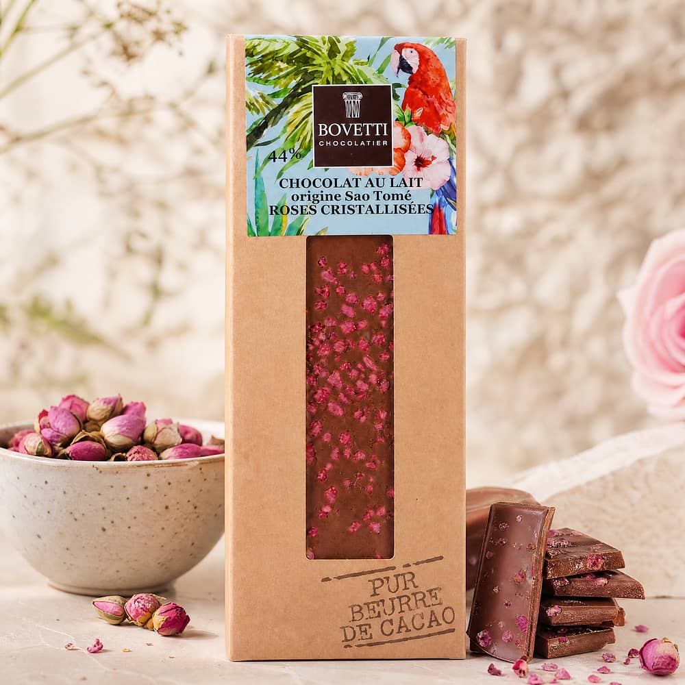 BOVETTI Chocolat Au Lait Roses Cristallisées Milchschokolade mit kandierten Rosenblütenstückchen 50 Gramm Produktbild