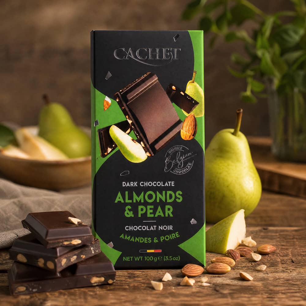 Cachet Dark Chocolate Almonds & Pear Zartbitterschokolade mit Mandel- und Birnenstücken 100 Gramm Produktbild
