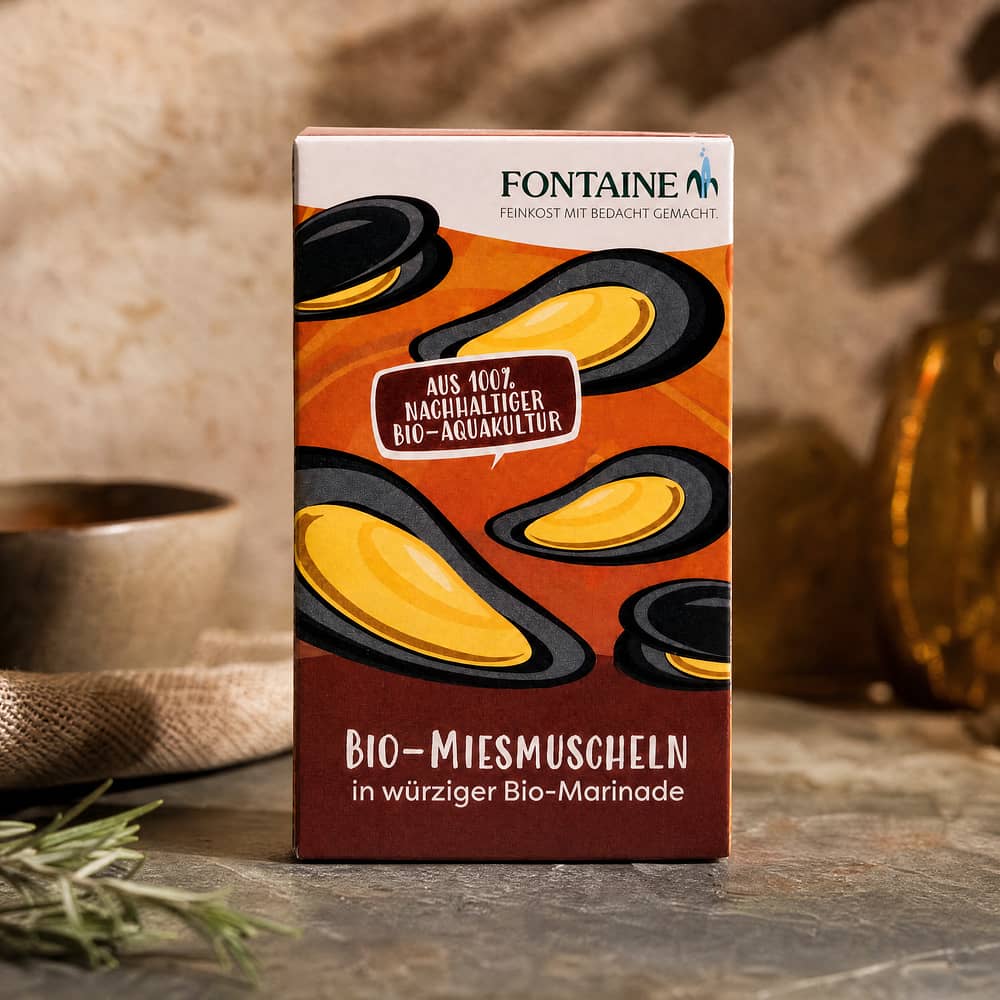 Fontaine Bio-Miesmuscheln in würziger Bio-Marinade 120g 80 Gramm Abtropfgewicht Produktbild