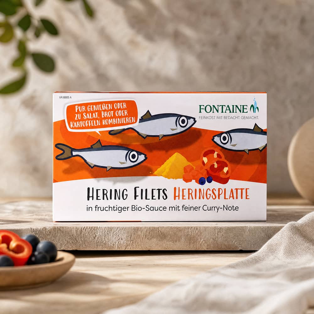Fontaine Hering Filets Heringsplatte in fruchtiger Bio-Sauce mit feiner Curry-Note 200g 110 Gramm Abtropfgewicht Produktbild