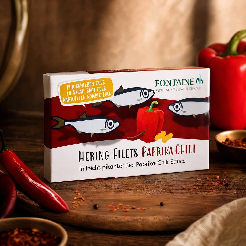 Fontaine Hering Filets  Paprika Chili in leicht pikanter Bio-Paprika-Chili-Sauce 200g 120 Gramm Abtropfgewicht Produktbild