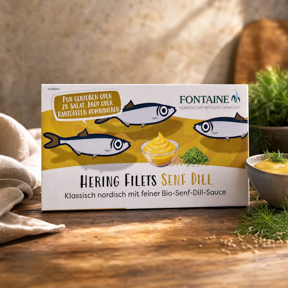 Fontaine Hering Filets Senf Dill mit feiner Bio-Senf-Dill-Sauce 200g Dose 120 Gramm Abtropfgewicht Produktbild